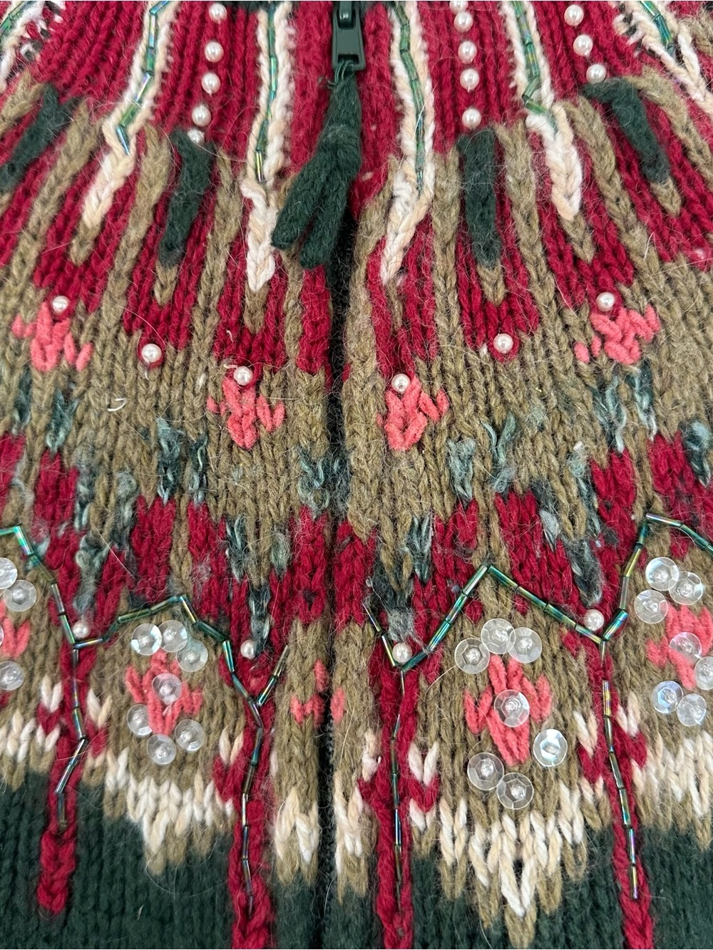 Susan Bristol Angora Blend Fair Isle Beaded Zip Front Cardigan Sweater Green PL - Picture 9 of 10